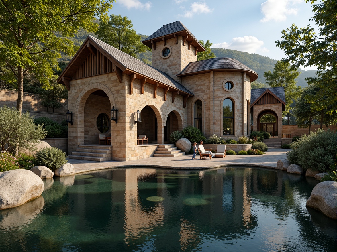 Prompt: Rustic boathouse, stone walls, wooden accents, curved archways, stained glass windows, ornate metalwork, decorative corbels, Romanesque columns, rounded towers, water reflections, serene lake scene, lush greenery, warm sunny day, soft natural lighting, shallow depth of field, 1/1 composition, realistic textures, ambient occlusion.