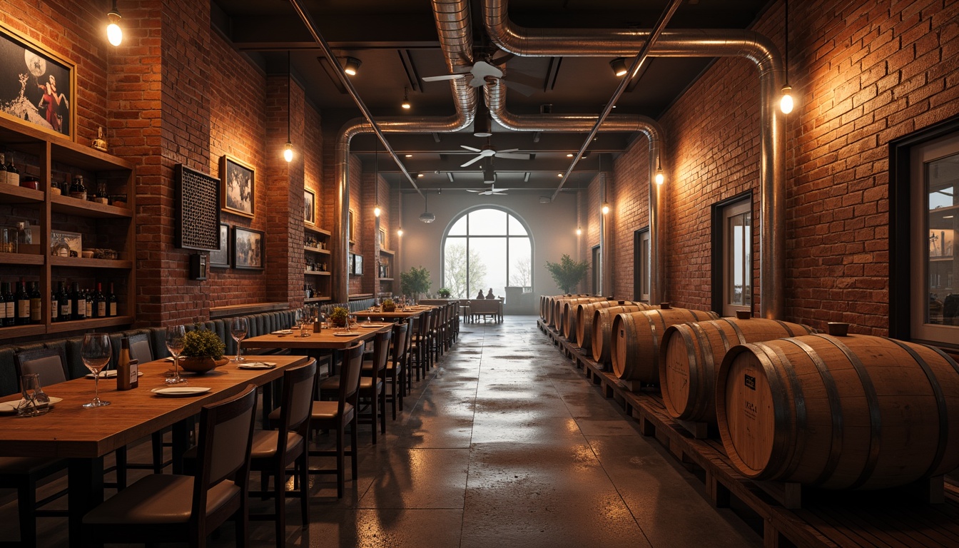 Prompt: Industrial-chic winery, urban landscape, brick walls, metal accents, reclaimed wood, Edison lighting, rich berry tones, earthy browns, deep plums, warm neutrals, atmospheric fog, soft golden hour, shallow depth of field, 1/2 composition, realistic textures, ambient occlusion.