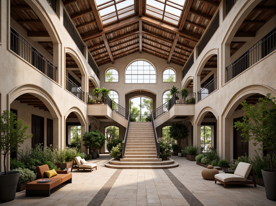 Prompt: Intricate archways, ornate columns, grand staircases, sweeping balconies, symmetrical facades, rusticated walls, vaulted ceilings, clerestory windows, cantilevered roofs, open floor plans, minimalist decor, industrial metal beams, reclaimed wood accents, natural stone flooring, abundant greenery, warm ambient lighting, shallow depth of field, 1/1 composition, realistic textures, soft focus effect.