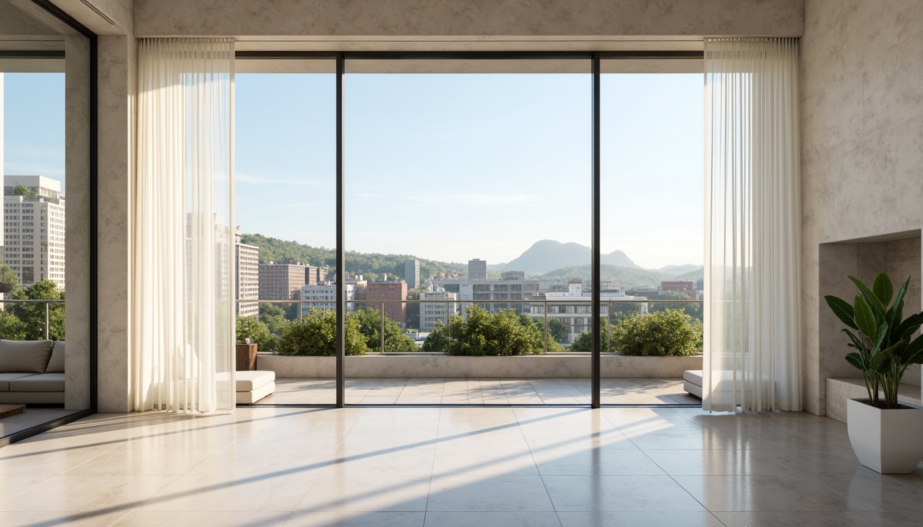 Prompt: Minimalist interior, large windows, sliding glass doors, transparent curtains, reflective surfaces, polished marble floors, bright white walls, greenery-filled balconies, urban cityscape views, sunny day, soft warm lighting, shallow depth of field, 3/4 composition, panoramic view, realistic textures, ambient occlusion.