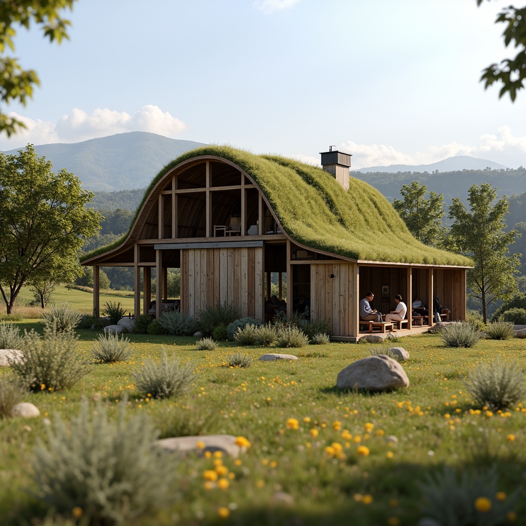 Prompt: Rustic barn, reclaimed wood, natural materials, earthy tones, green roof, living walls, organic forms, curved lines, passive solar design, rainwater harvesting system, composting toilets, recycling facilities, eco-friendly insulation, low-carbon footprint, rural landscape, rolling hills, wildflowers, sunny day, soft warm lighting, shallow depth of field, 3/4 composition, panoramic view, realistic textures, ambient occlusion.