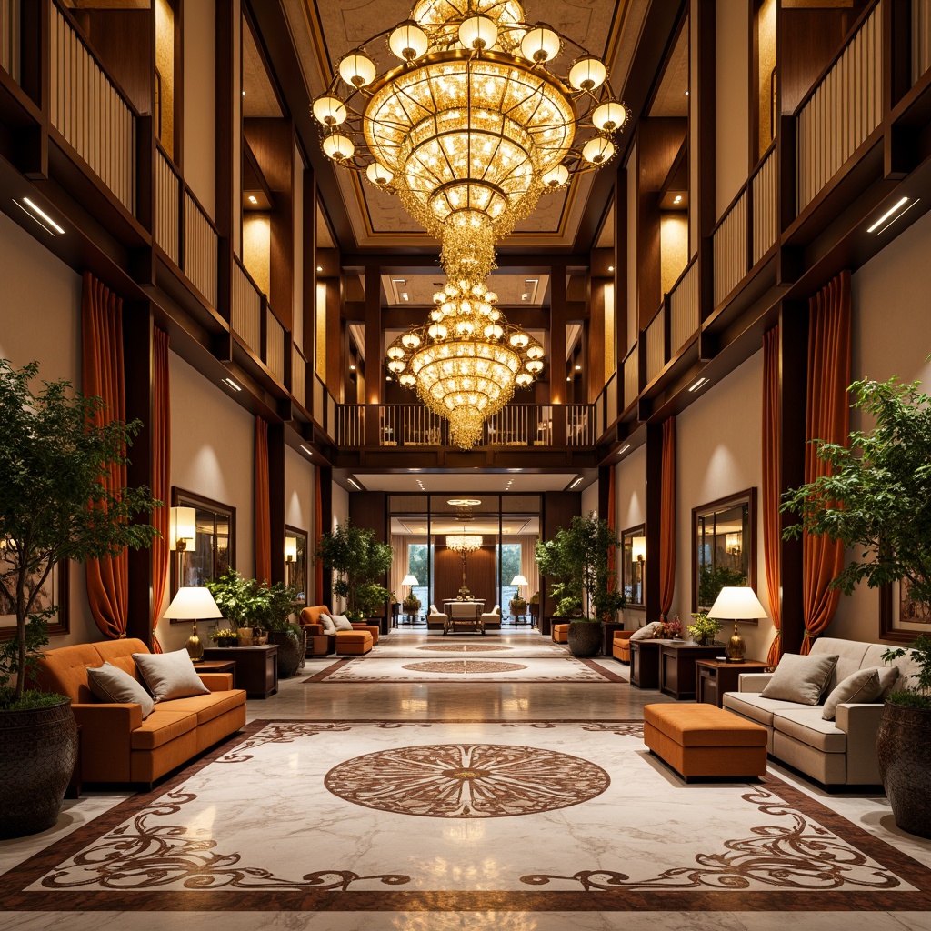 Prompt: Luxurious hotel lobby, intricately patterned marble floors, ornate chandeliers, lavish furnishings, rich velvet drapes, golden accents, elegant staircases, grand ballrooms, opulent suites, lavish amenities, sophisticated lighting design, warm color palette, textured walls, refined wood paneling, bespoke furniture pieces, intricate moldings, luxurious fabrics, plush carpets, serene ambiance, soft focus photography, 1/2 composition, warm golden lighting, realistic materials.