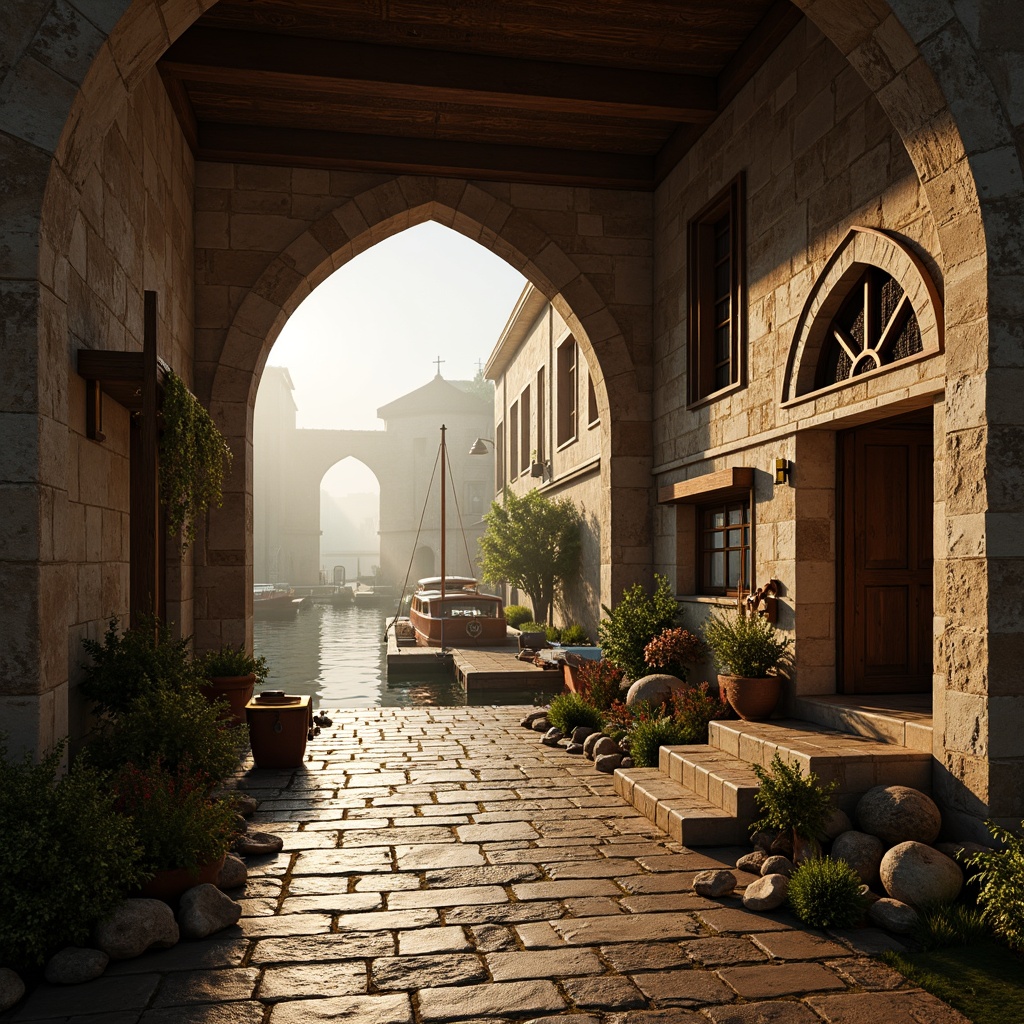 Prompt: Rustic boathouse, Romanesque arches, stone walls, wooden docks, water reflections, misty morning, warm golden lighting, shallow depth of field, 1/2 composition, detailed textures, ambient occlusion, ornate carvings, curved lines, grand entrance, heavy wooden doors, metal hinges, decorative ironwork, nautical-themed decor, fishing nets, seashells, vintage anchors, distressed wood finishes, earthy color palette, natural stone floors, cozy interior spaces.