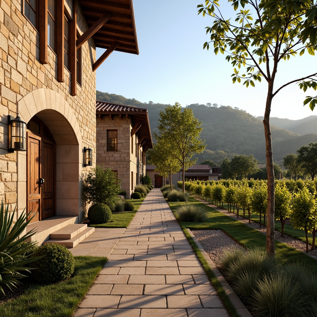 Prompt: Rustic winery, Renaissance-inspired architecture, stone walls, arched windows, terracotta roofs, ornate wooden doors, heavy iron hinges, vintage metal lanterns, distressed wood accents, earthy color palette, lush vineyards, rolling hills, sunny afternoon, warm golden lighting, shallow depth of field, 2/3 composition, natural textures, ambient occlusion.