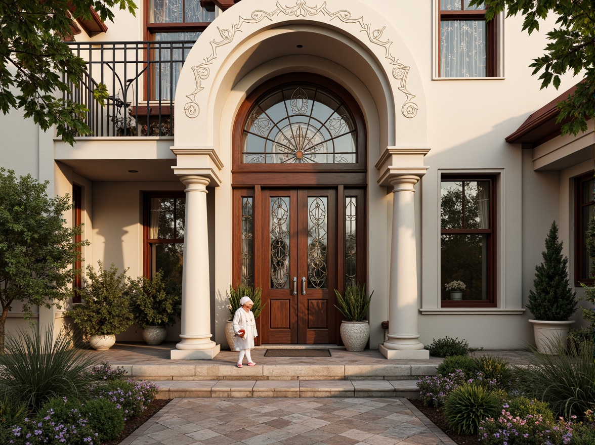 Prompt: Intricate ornate facade, sinuous lines, flowing curves, organic forms, floral patterns, stained glass windows, wrought iron railings, grand entrance, ornamental doors, carved wooden details, terra cotta tiles, cream-colored stone walls, asymmetrical composition, soft warm lighting, shallow depth of field, 1/1 composition, realistic textures, ambient occlusion, lush greenery, blooming flowers, vibrant colorful accents.