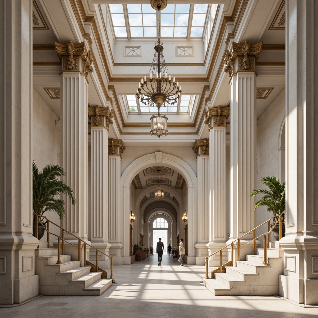 Prompt: Ivory-white columns, rich wood tones, subtle earthy hues, muted grey stone walls, ornate bronze details, elegant archways, grand staircases, refined glass chandeliers, intricate moldings, sophisticated neutral backgrounds, classical proportions, symmetrical compositions, warm soft lighting, shallow depth of field, 1/1 composition, realistic textures, ambient occlusion.