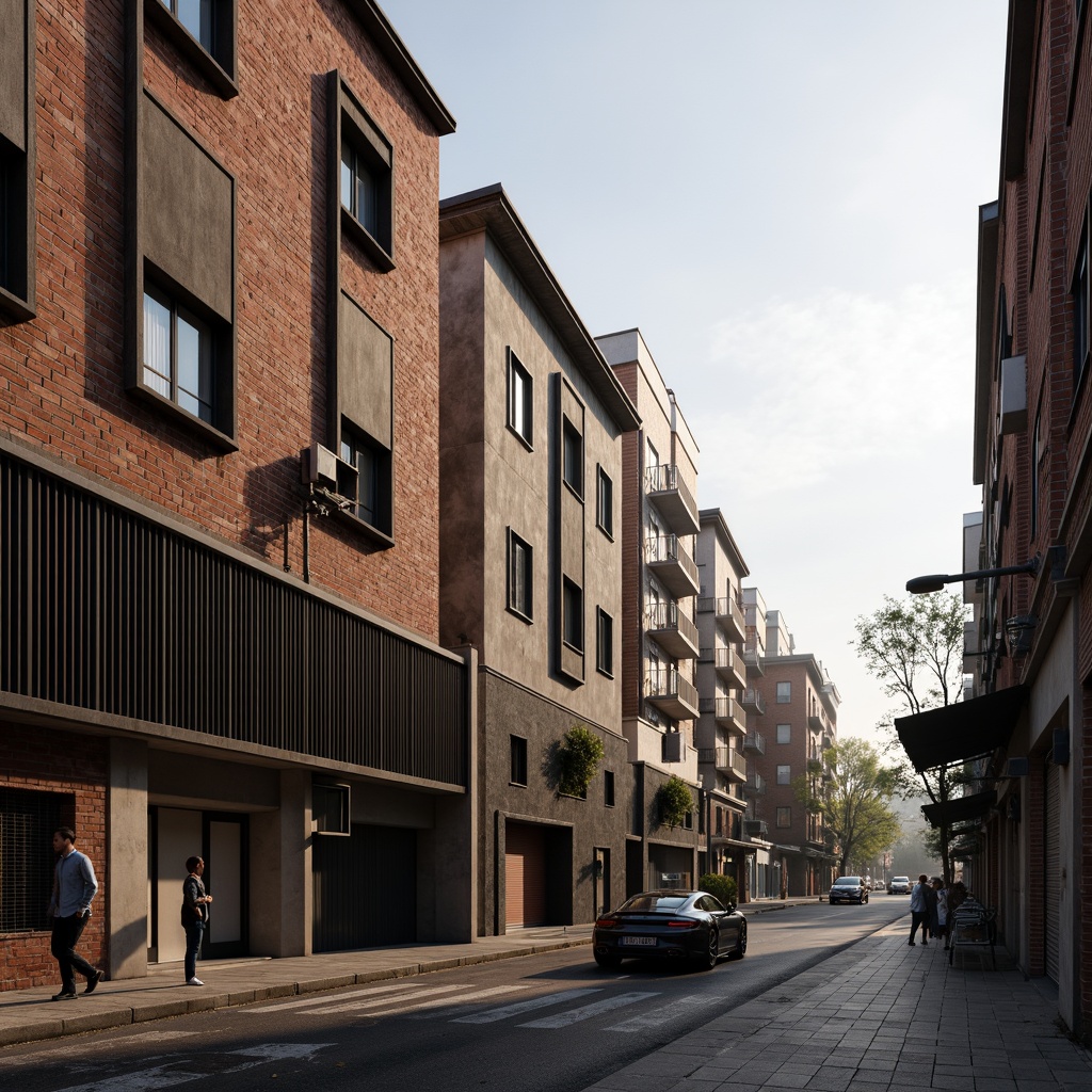 Prompt: Rustic warehouse facades, exposed brick walls, metal cladding, industrial windows, corrugated roofs, weathered wooden accents, distressed finishes, urban landscape, busy streets, morning sunlight, soft warm lighting, shallow depth of field, 1/2 composition, gritty textures, atmospheric fog, realistic reflections.