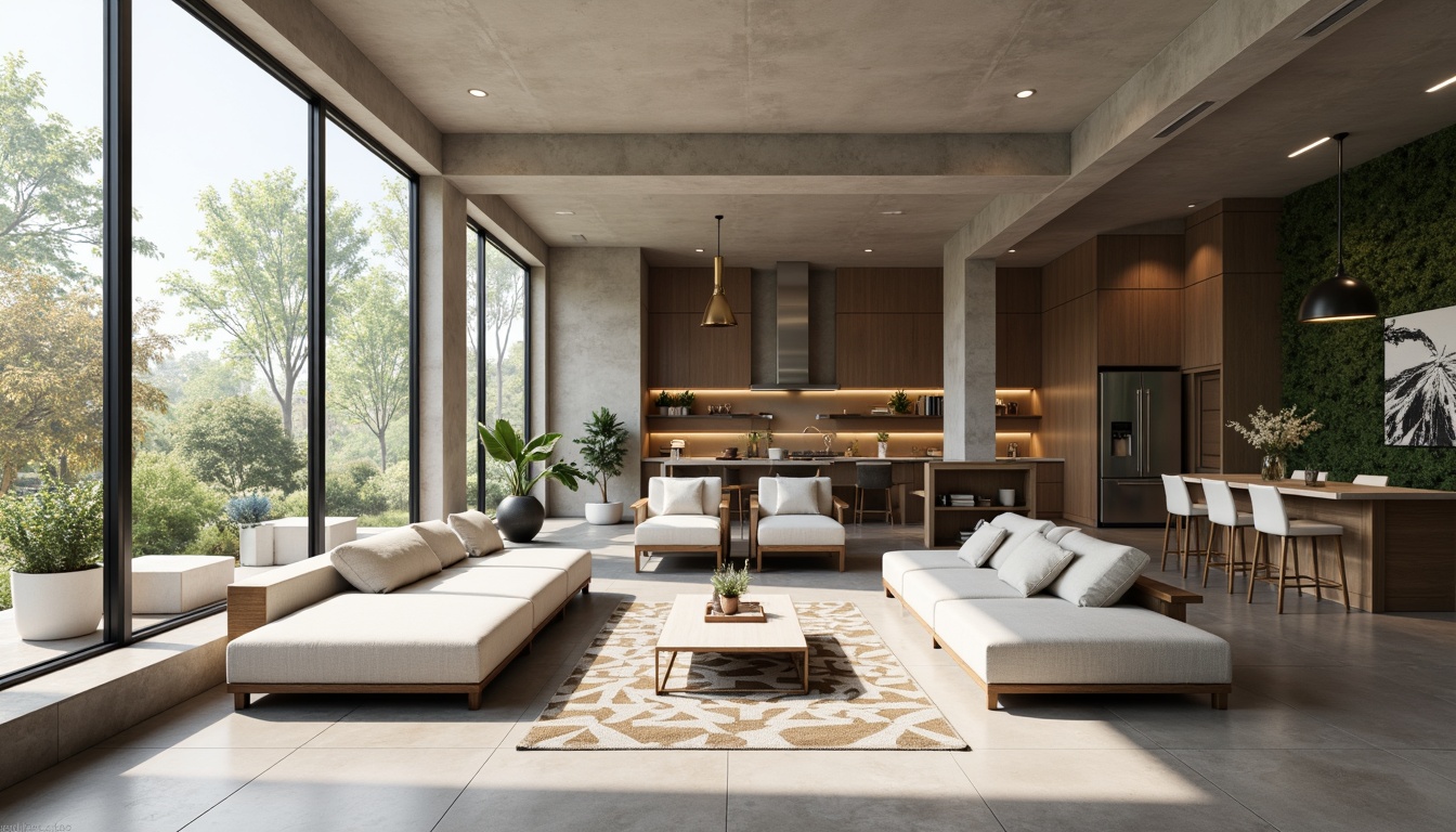 Prompt: Minimalist living room, neutral color palette, sleek low-profile furniture, polished concrete floors, floor-to-ceiling windows, abundant natural light, soft warm ambiance, cozy reading nook, modern sectional sofa, geometric patterned rug, industrial-chic pendant lighting, greenery walls, hidden storage compartments, open-plan kitchen, high-gloss cabinetry, quartz countertops, stainless steel appliances, 3/4 composition, shallow depth of field, realistic textures, ambient occlusion.