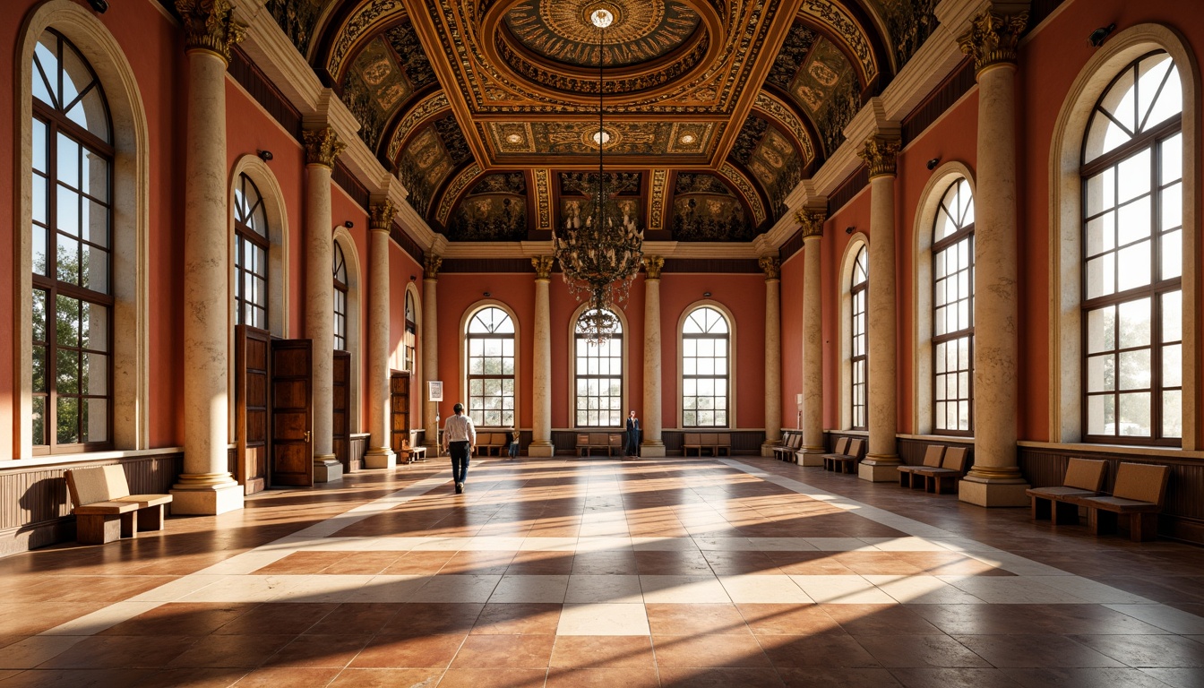 Prompt: Majestic high school, Byzantine architecture, rich gold accents, ornate mosaics, warm earthy tones, terracotta red walls, cream marble columns, intricate stone carvings, grand archways, vaulted ceilings, stained glass windows, soft warm lighting, subtle shading, 1/1 composition, symmetrical framing, realistic textures, ambient occlusion.