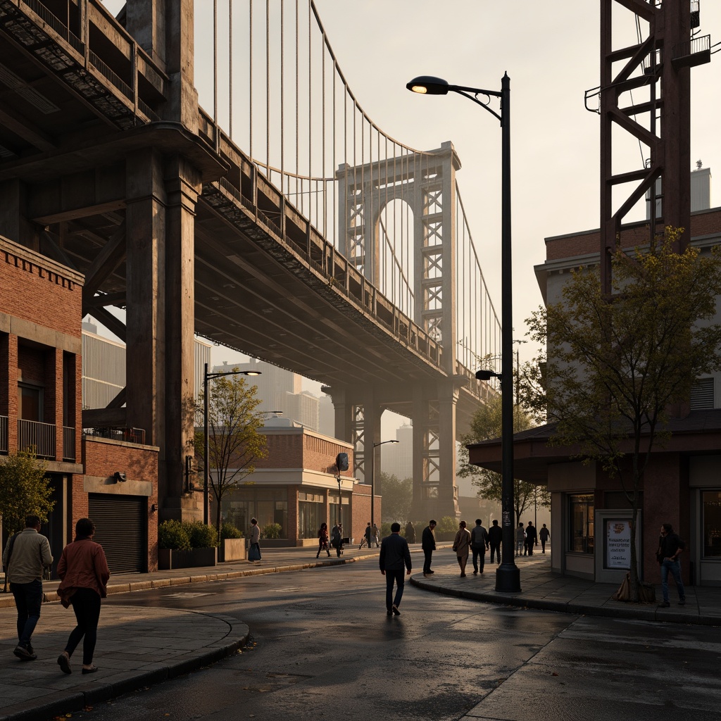 Prompt: Rustic steel bridges, industrial urban landscape, warm earthy tones, muted grays, weathered wood accents, distressed metal textures, misty atmospheric effects, soft golden lighting, shallow depth of field, 1/1 composition, realistic renderings, ambient occlusion.