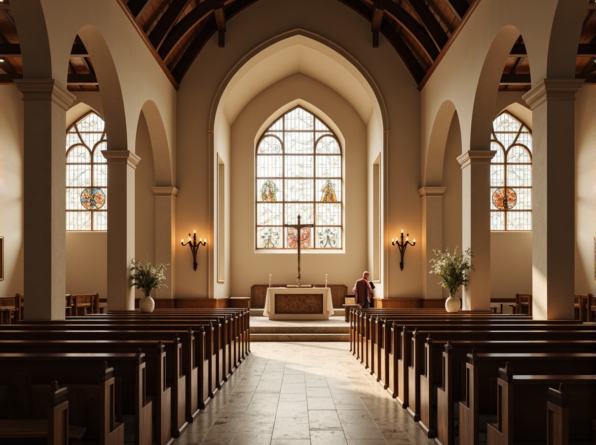 Prompt: Serene church interior, minimalist decor, natural stone flooring, wooden pews, stained glass windows, vaulted ceilings, subtle lighting, sparse furnishings, elegant archways, simplistic altarpieces, crucifixes, calm atmosphere, soft warm glow, shallow depth of field, 3/4 composition, symmetrical framing, realistic textures, ambient occlusion.