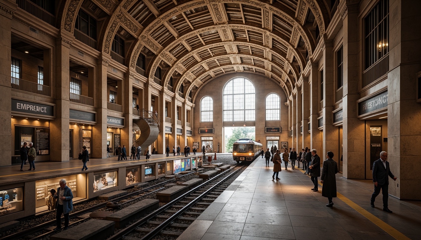 Prompt: Grand metro station, Romanesque archways, vaulted ceilings, ornate columns, intricate stone carvings, grand staircases, high ceilings, natural light pouring in, modern urban atmosphere, bustling pedestrian traffic, sleek train platforms, futuristic railway systems, advanced signage, elegant typography, atmospheric lighting, warm color palette, detailed textures, shallow depth of field, 1/1 composition, realistic rendering.