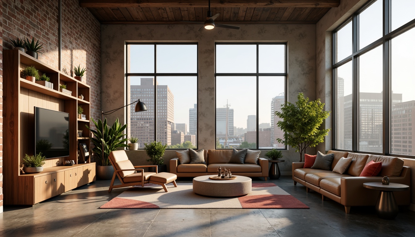 Prompt: Monochromatic loft interior, sleek modern furniture, polished chrome accents, rich wood tones, industrial concrete floors, exposed brick walls, floor-to-ceiling windows, soft warm lighting, atmospheric haze, 1/1 composition, cinematic depth of field, minimalist color palette, neutral beige tones, deep charcoal grays, warm caramel browns, soft sage greens, bold coral reds, luxurious velvet textiles, smooth leather upholstery, metallic silver accents, geometric patterns, urban cityscape views.