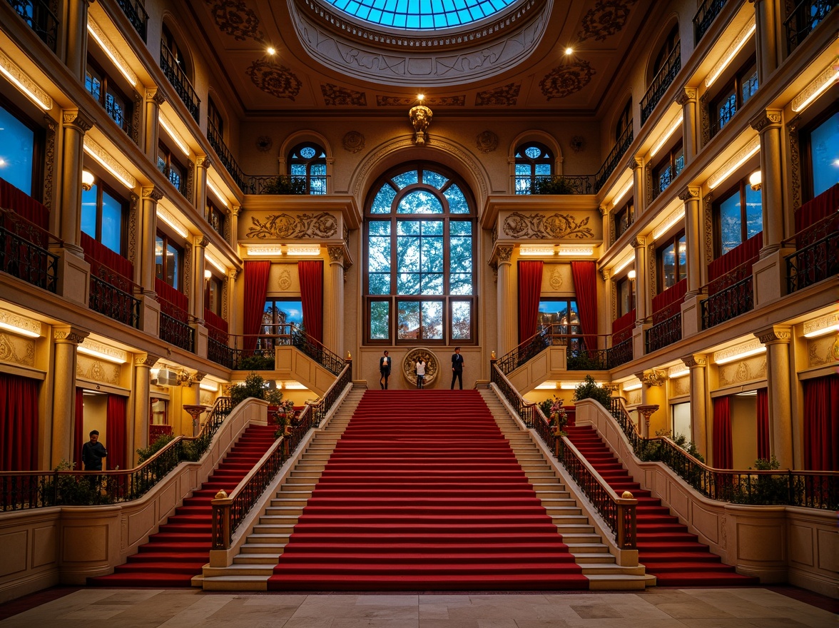 Prompt: Vibrant theater facade, ornate academic style, colored glass windows, intricate stone carvings, grand entrance archways, red carpet stairs, luxurious velvet drapes, gilded balconies, ornamental metalwork, majestic columns, historic building architecture, richly textured stonework, warm golden lighting, dramatic spotlights, shallow depth of field, 2/3 composition, realistic reflections, ambient occlusion.