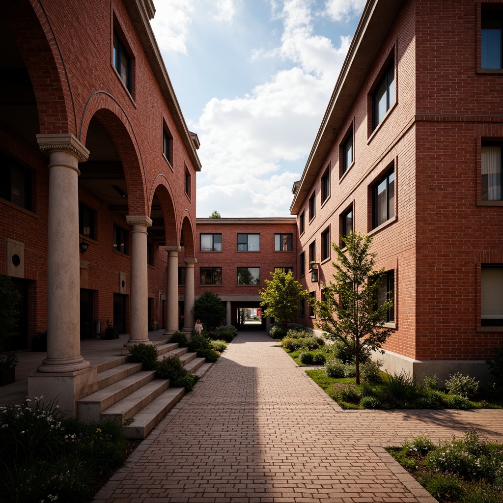 Prompt: Rustic high school campus, traditional brick buildings, ornate archways, columned entrance, vibrant red bricks, earthy tones, natural textures, warm ambient lighting, shallow depth of field, 1/2 composition, realistic shadows, subtle color grading, atmospheric rendering.