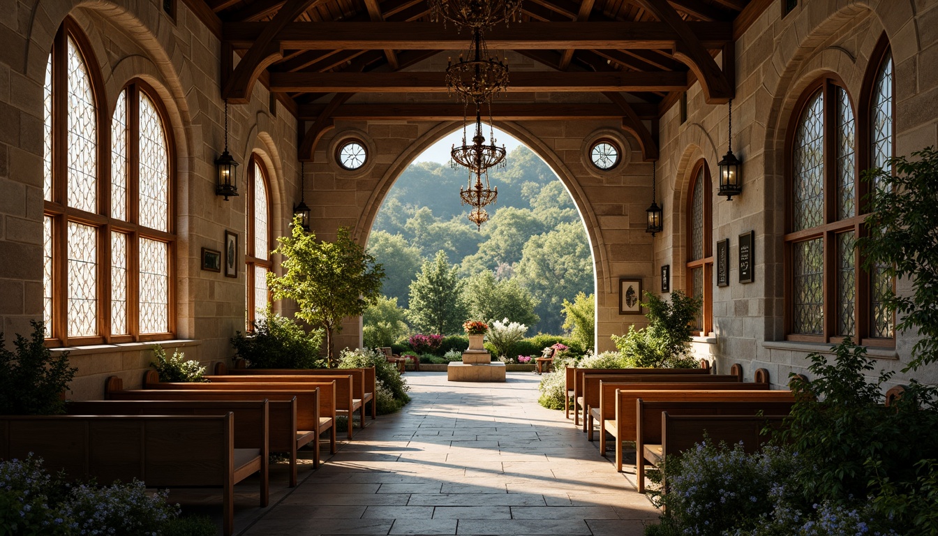 Prompt: Rustic stone fa\u00e7ade, stained glass windows, grand entrance, vaulted ceiling, ornate chandeliers, wooden pews, natural lighting, serene atmosphere, lush greenery, blooming flowers, tranquil courtyard, meandering pathways, spiritual ambiance, soft warm illumination, subtle shadows, 1/1 composition, intimate view, realistic textures, ambient occlusion.