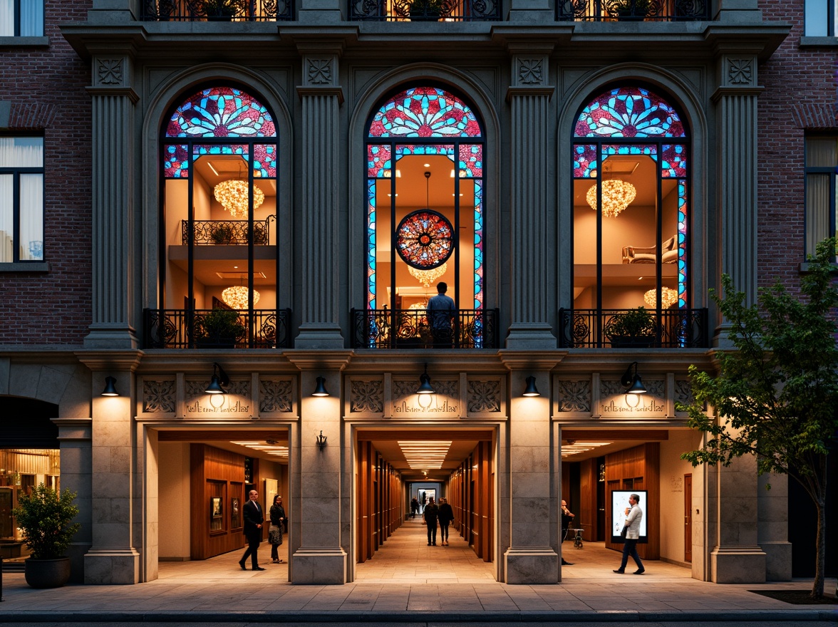 Prompt: Ornate theater facade, academic style architecture, colored glass windows, intricate stone carvings, grand entrance archways, ornamental metalwork, vibrant stained glass patterns, richly textured brick walls, dramatic spot lighting, warm golden illumination, shallow depth of field, 1/2 composition, symmetrical framing, realistic reflections, ambient occlusion.