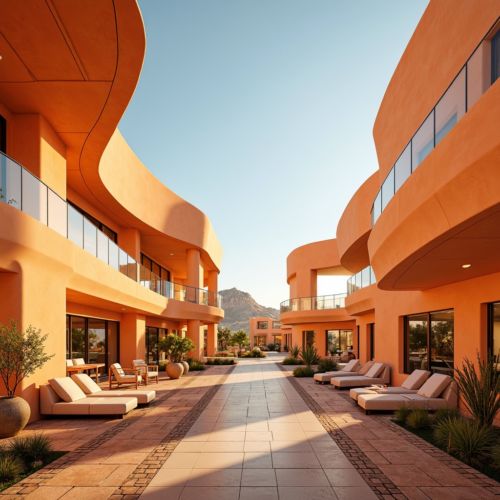 Prompt: Vibrant apricot-colored buildings, futuristic architecture design, sweeping curved lines, iridescent glass facades, metallic accents, warm golden lighting, soft gradient skies, sandy dune landscapes, cactus plants, hot sunny day, clear blue horizon, minimalist interior design, sleek modern furniture, bold geometric patterns, intricate mosaics, ambient occlusion, shallow depth of field, 3/4 composition, panoramic view, realistic textures.