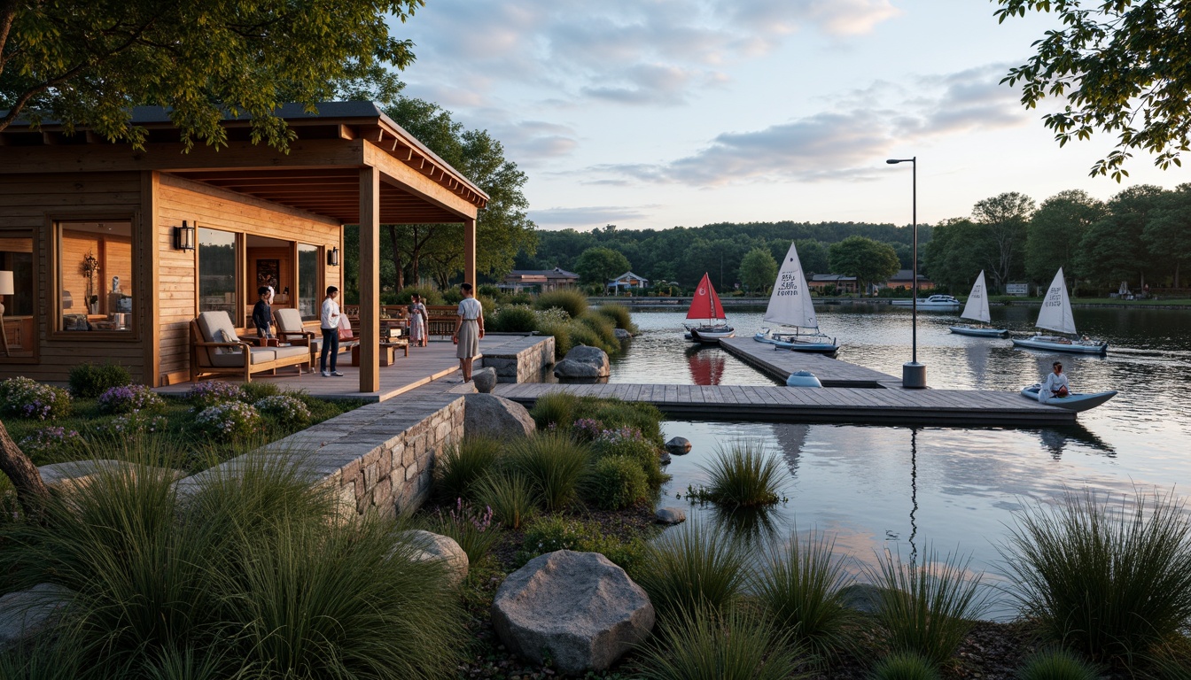 Prompt: Waterfront location, serene lake views, lush vegetation, wooden dock, sailboats, kayaks, paddleboards, nautical theme, rustic charm, natural stone foundation, wooden beams, large windows, glass doors, outdoor seating areas, string lights, warm ambiance, soft evening lighting, shallow depth of field, 3/4 composition, panoramic view, realistic textures, ambient occlusion.