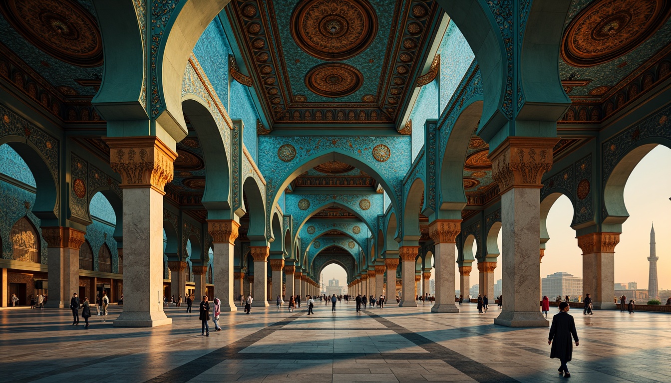 Prompt: Majestic Prussian blue domes, intricately patterned Islamic arches, vibrant turquoise accents, rich gold ornaments, luxurious velvet textiles, ornate Moorish tiles, grandiose high ceilings, dramatic chiaroscuro lighting, warm golden hour ambiance, shallow depth of field, 1/1 composition, symmetrical framing, realistic reflections, ambient occlusion.