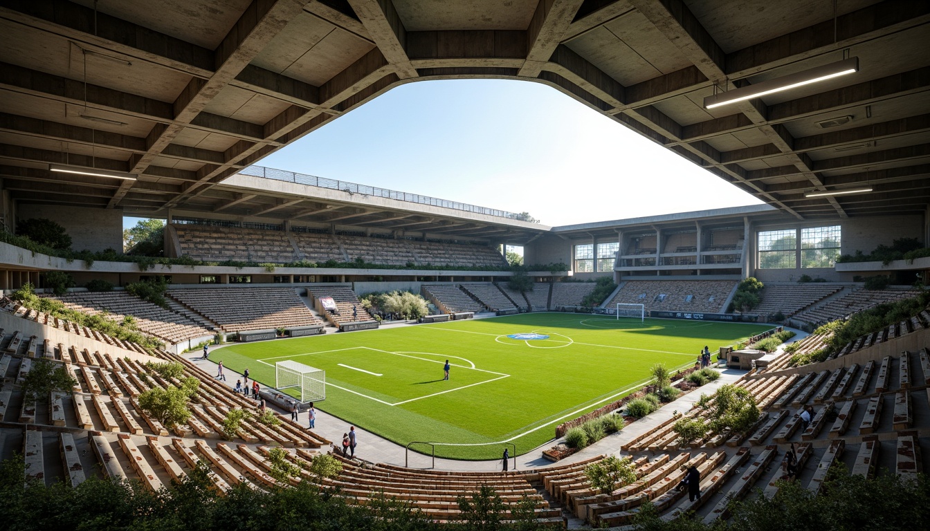 Prompt: Rugged sports stadium, brutalist architecture, weathered concrete structures, industrial steel beams, exposed ductwork, vibrant green turf, athletic tracks, soccer goals, basketball hoops, tennis courts, natural stone retaining walls, native plant species, dry creek beds, scattered boulders, rustic wooden benches, overhead trellis, dramatic shade canopies, bold geometric patterns, strong angular lines, high-contrast lighting, cinematic composition, atmospheric depth of field.