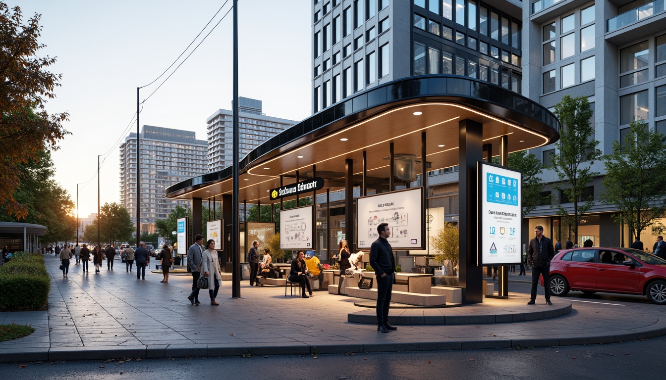 Prompt: Futuristic tram station, curved glass fa\u00e7ade, dynamic LED lighting, sleek metal accents, cantilevered roofs, green roofs, solar panels, modern urban landscape, busy city streets, morning commute, warm natural light, shallow depth of field, 1/1 composition, high-angle view, realistic reflections, ambient occlusion, minimalist interior design, comfortable seating areas, intuitive signage systems, interactive displays, real-time information boards.