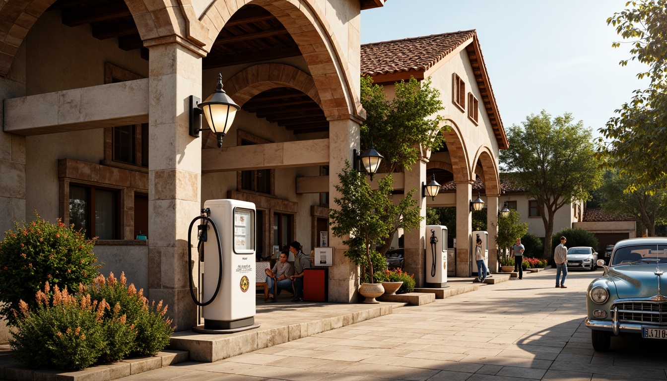 Prompt: Rustic gas station, Romanesque arches, stone walls, terracotta rooftops, ornate metal lanterns, lush greenery, blooming flowers, curved walkways, natural stone paving, vintage fuel pumps, classic car displays, nostalgic signage, warm golden lighting, shallow depth of field, 1/2 composition, atmospheric perspective, realistic textures, ambient occlusion.