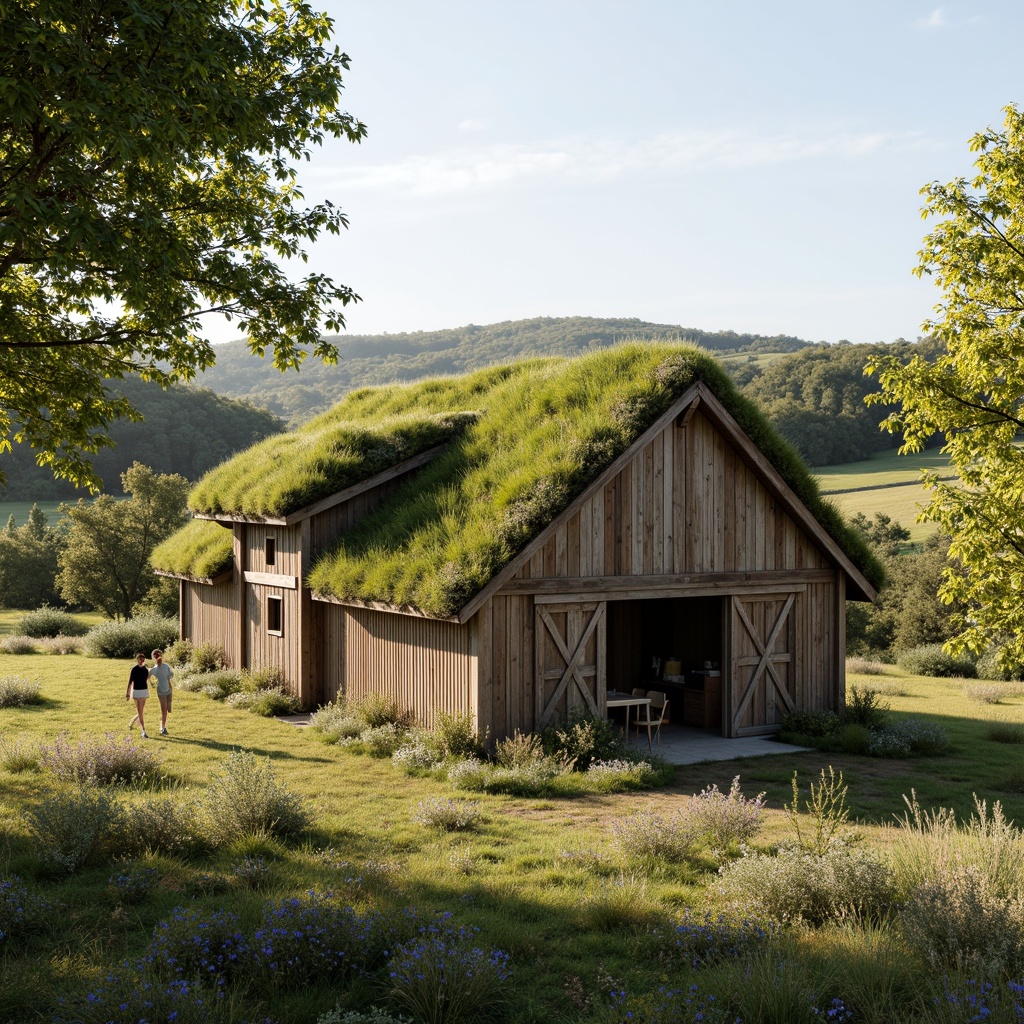 Prompt: Rustic barn, reclaimed wood, earthy tones, lush green roofs, living walls, organic forms, natural materials, rural landscape, rolling hills, wildflowers, sunny day, soft warm lighting, shallow depth of field, 3/4 composition, panoramic view, realistic textures, ambient occlusion, eco-friendly systems, rainwater harvesting, composting toilets, solar panels, wind turbines, recycled metal accents, low-carbon footprint, minimalist decor, natural ventilation, earthy scents, cozy ambiance.