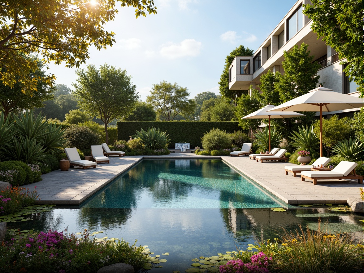 Prompt: Luxurious poolside oasis, lush tropical greenery, vibrant flowering plants, natural stone pavers, sleek modern furniture, comfortable outdoor seating, umbrellas, sunshades, tranquil water features, cascading waterfall, serene pond, colorful aquatic plants, warm sunny day, soft golden lighting, shallow depth of field, 3/4 composition, panoramic view, realistic textures, ambient occlusion.