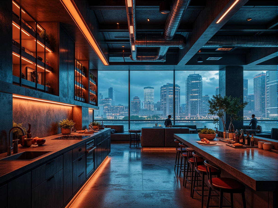 Prompt: Futuristic interior, sleek granite countertops, polished metal accents, minimalist decor, ambient LED lighting, futuristic appliances, high-tech gadgets, concrete floors, industrial chic, urban loft atmosphere, brutalist architecture, raw exposed ductwork, neon-lit cityscape views, rainy night, moody dramatic shadows, cinematic composition, low-angle shot.