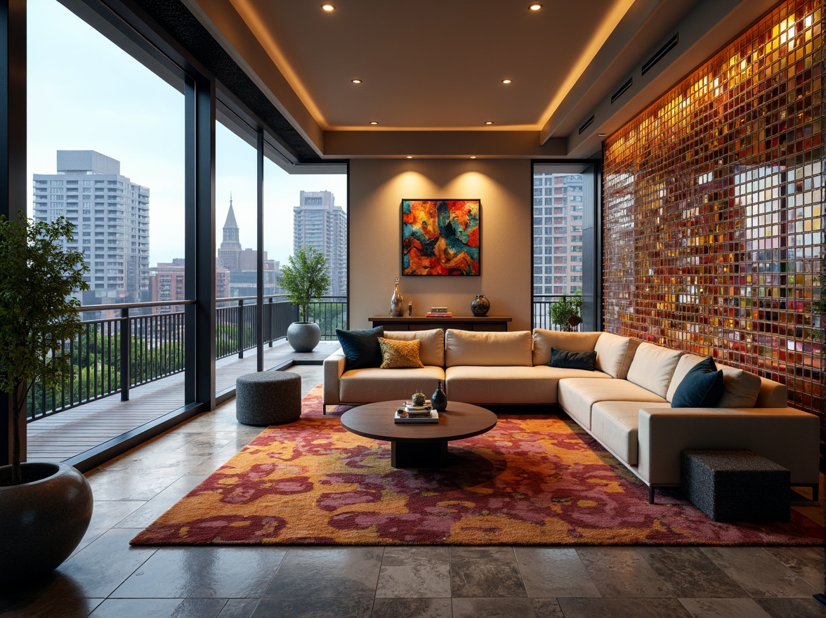 Prompt: Vibrant living room, mosaic accent wall, colorful glass tiles, modern sectional sofa, sleek coffee table, luxurious carpeting, ambient warm lighting, large windows, urban cityscape view, balcony with greenery, natural stone flooring, decorative vases, abstract artwork, eclectic decor, 1/1 composition, shallow depth of field, soft focus effect.