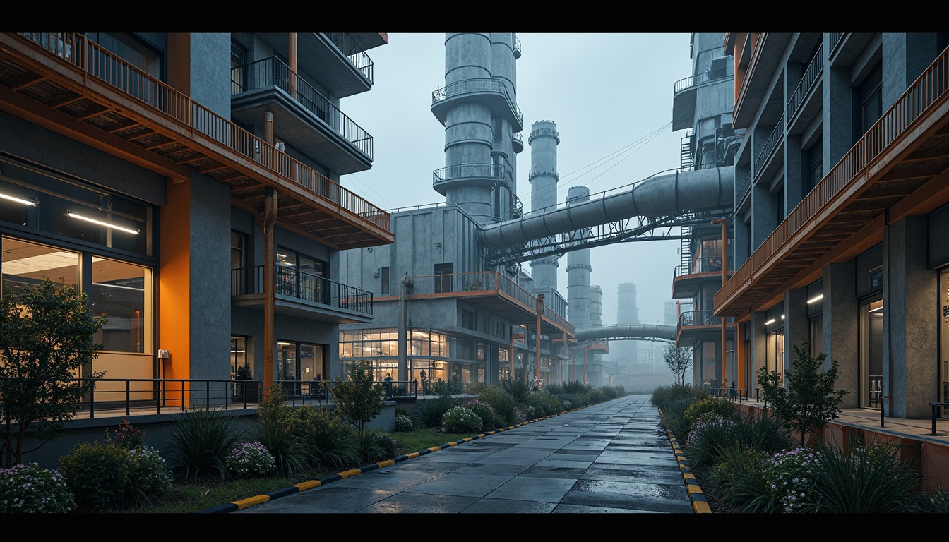 Prompt: Industrial energy plant, robust steel columns, reinforced concrete foundations, sleek modern architecture, vibrant orange accents, complex piping systems, metallic walkways, elevated platforms, dramatic overhead lighting, high-contrast shading, atmospheric mist, detailed machinery, intricate engineering, 3/4 composition, cinematic camera angles, realistic textures, ambient occlusion.