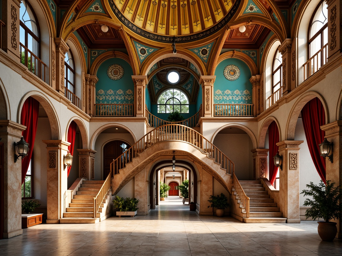 Prompt: Byzantine-style high school, ornate architectural details, rich jewel tones, golden domes, vibrant turquoise accents, warm terracotta hues, intricate mosaics, ornamental columns, archways, grand entranceways, luxurious marble floors, majestic staircases, regal red velvet drapes, warm soft lighting, shallow depth of field, 1/1 composition, realistic textures, ambient occlusion.