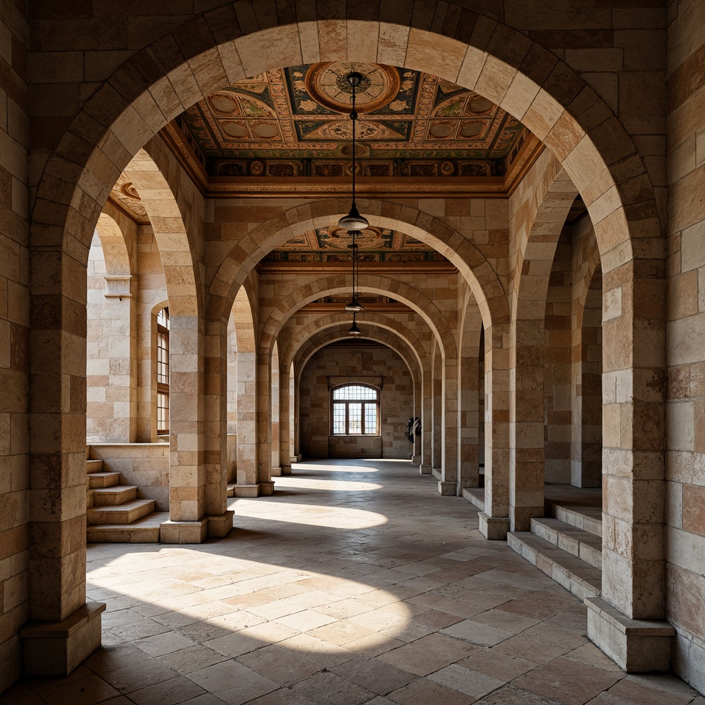 Prompt: Ancient stone arches, rustic Romanesque architecture, weathered stonework, ornate carvings, grand entranceways, imposing columns, vaulted ceilings, stained glass windows, intricate mosaics, warm earthy tones, soft diffused lighting, shallow depth of field, 1/2 composition, symmetrical framing, rich textures, ambient occlusion.