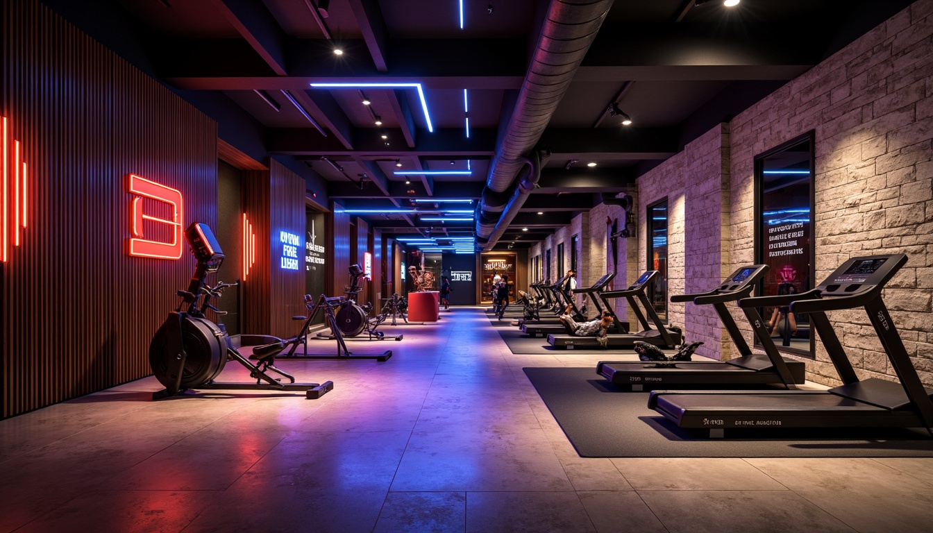 Prompt: Luxurious fitness club, high-contrast color scheme, dark wood accents, sleek metal equipment, vibrant neon lights, polished concrete floors, textured stone walls, modern minimalist decor, ergonomic workout spaces, floor-to-ceiling mirrors, industrial-style lighting fixtures, motivational quotes, dynamic angular lines, asymmetrical composition, warm and cool color temperature contrast, 1/2 composition, dramatic shadows, realistic reflections.