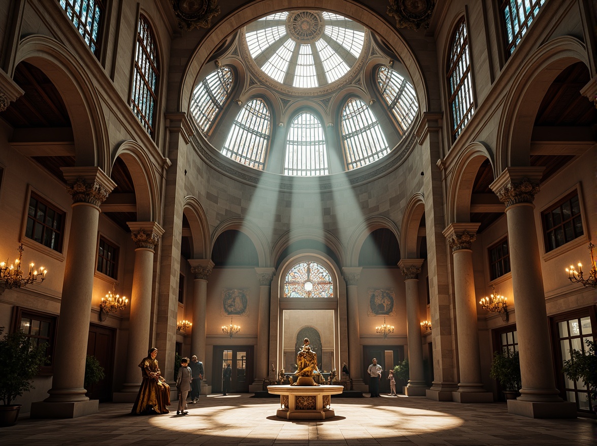 Prompt: Sacred temple, majestic dome, stained glass windows, intricate stone carvings, ornate chandeliers, soft warm lighting, natural light pouring in, serene atmosphere, peaceful ambiance, subtle color palette, elegant arches, symmetrical composition, shallow depth of field, 1/2 composition, panoramic view, realistic textures, ambient occlusion.