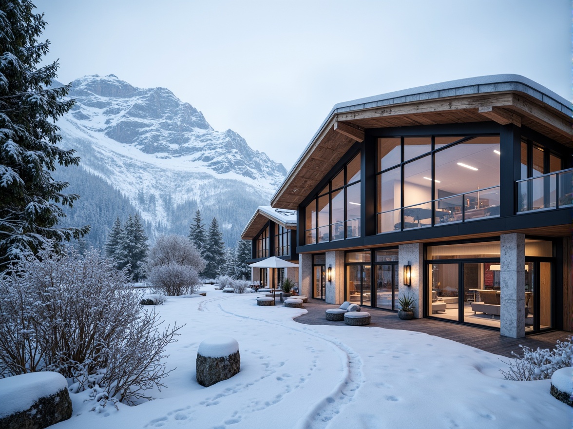 Prompt: Snow-capped mountains, icy peaks, frosty morning, wooden ski lodges, rustic stone walls, modern steel beams, curved rooflines, cantilevered overhangs, transparent glass facades, reflective metal cladding, textured concrete panels, weathered wood accents, snowflake-inspired patterns, vibrant color schemes, dynamic angular lines, asymmetrical compositions, dramatic lighting effects, misty atmospheric conditions, 3/4 composition, shallow depth of field, panoramic view, realistic textures, ambient occlusion.