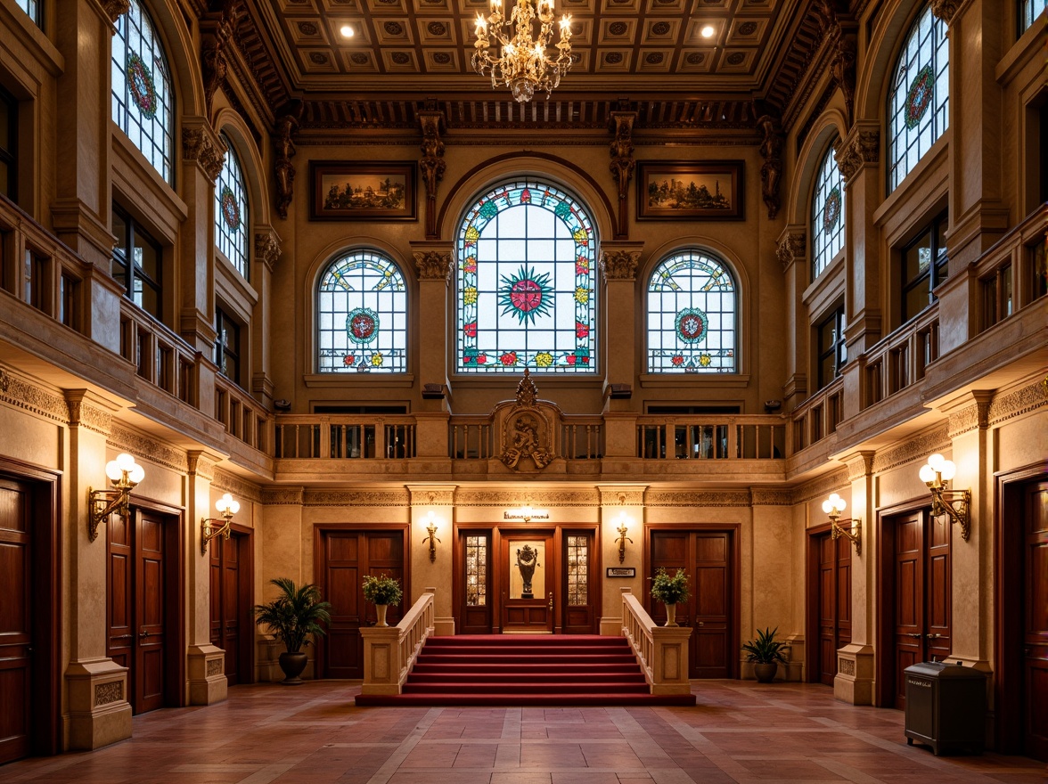 Prompt: Grand theater facade, ornate details, academic style architecture, colored glass panels, stained glass windows, intricate stone carvings, ornamental columns, decorative arches, grand entrance doors, red carpet stairs, luxurious chandeliers, vibrant colored walls, golden accents, soft warm lighting, shallow depth of field, 1/1 composition, symmetrical view, realistic textures, ambient occlusion.