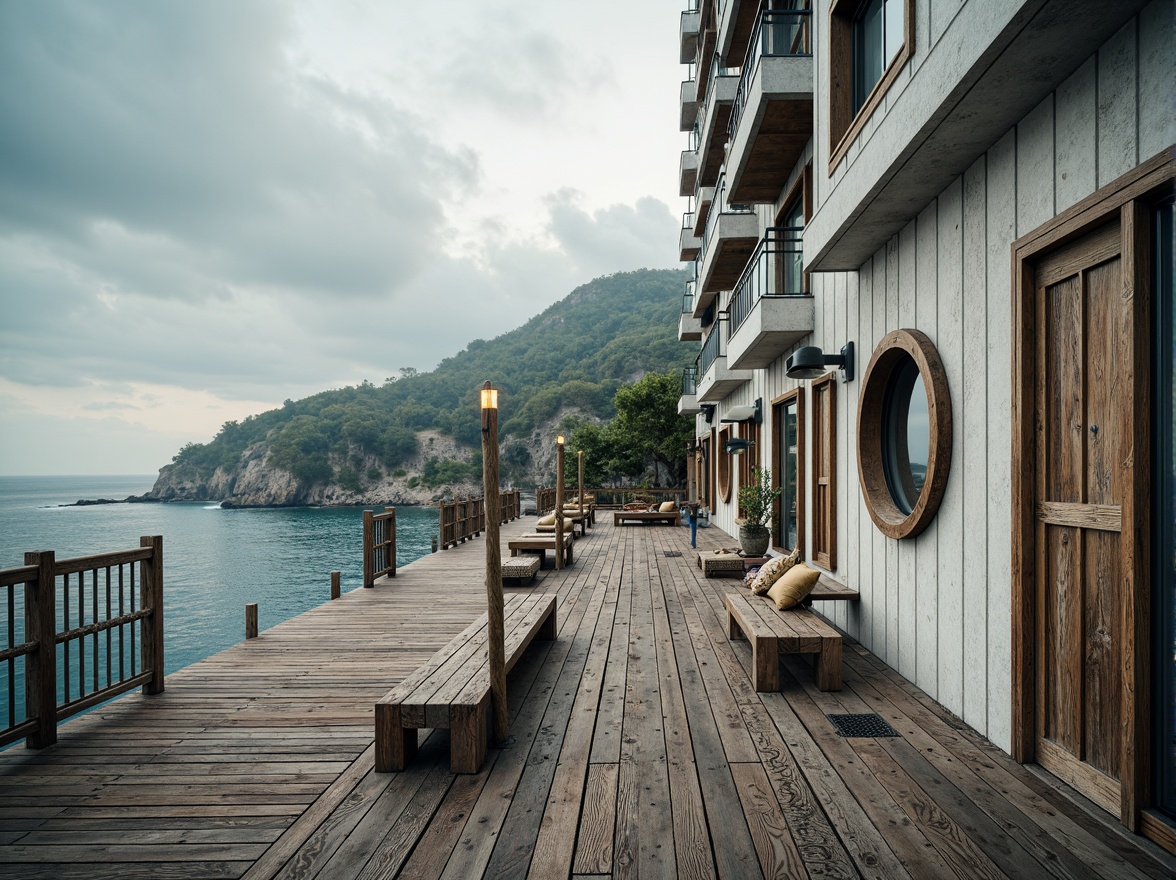 Prompt: Weathered wooden planks, corrugated metal sheets, ocean-inspired color palette, salty mist, sea breeze, rustic beachy vibe, driftwood accents, nautical rope details, porthole windows, marine-grade materials, wave-patterned railings, salt-resistant coatings, textured stucco finishes, ocean-blue glass balconies, seaside promenade, dramatic cliffside setting, overcast sky, soft warm lighting, shallow depth of field, 3/4 composition, realistic textures, ambient occlusion.