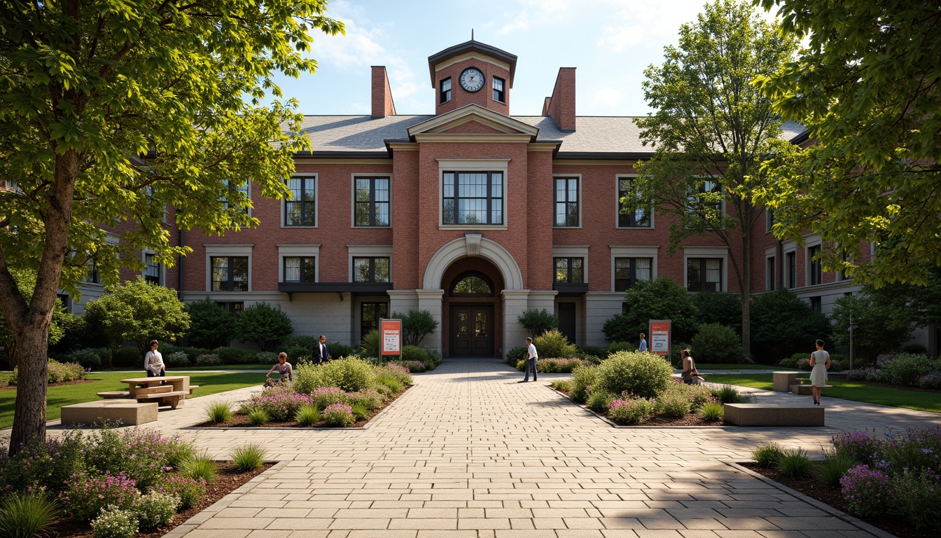 Prompt: Traditional high school building, rustic brick facade, ornate archways, sturdy columns, classic clock tower, vibrant greenery, blooming flowers, educational signage, worn stone pathways, wooden benches, mature trees, sunny afternoon, soft warm lighting, shallow depth of field, 3/4 composition, realistic textures, ambient occlusion.