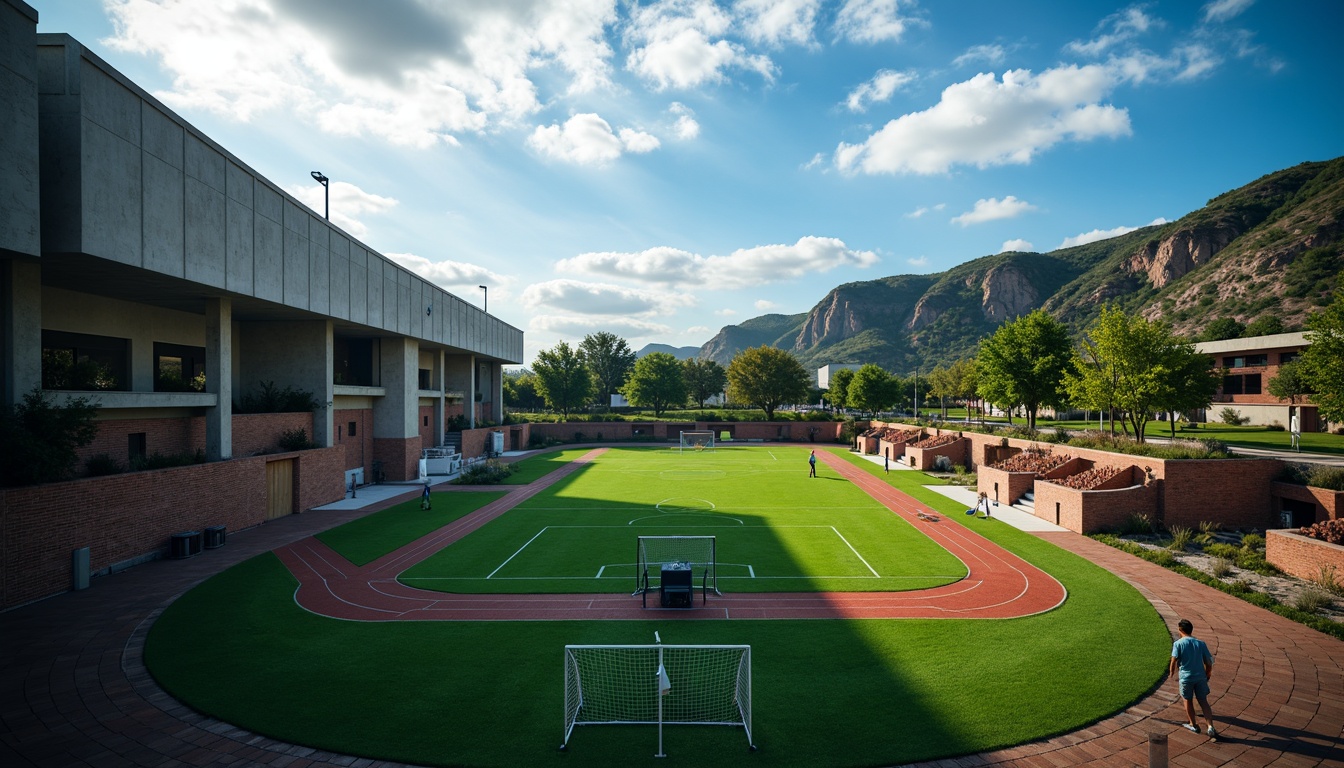 Prompt: Rugged sports field, brutalist architecture, concrete grandstands, steel beams, industrial materials, bold geometric shapes, vibrant green turf, athletic tracks, soccer goals, basketball hoops, tennis courts, natural rock formations, sloping hills, scattered trees, cloudy blue sky, dramatic shading, high-contrast lighting, cinematic composition, atmospheric depth of field, 2.35