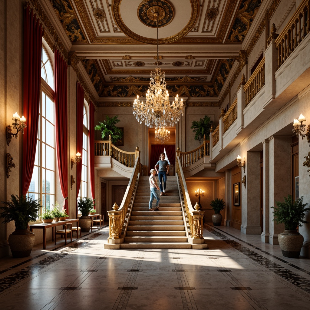 Prompt: Ornate grand staircase, intricately carved railings, lavish chandeliers, opulent furnishings, polished marble floors, ornamental ceilings, gilded accents, luxurious velvet drapes, majestic columns, elegant archways, refined moldings, sophisticated color palette, ambient warm lighting, shallow depth of field, 1/1 composition, realistic textures, subtle ambient occlusion.