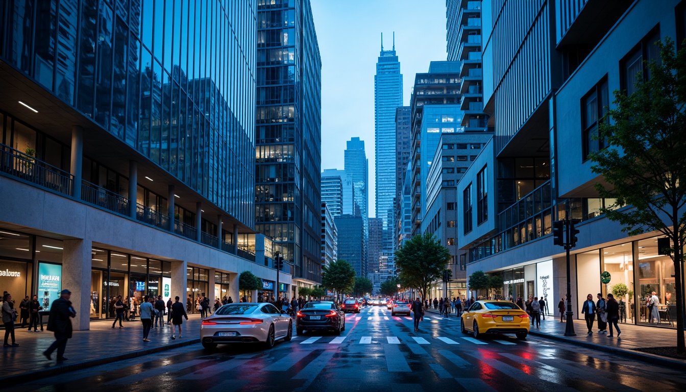 Prompt: Vibrant Prussian blue accents, modern futuristic architecture, sleek metallic buildings, reflective glass surfaces, angular lines, minimalist design, urban cityscape, busy streets, towering skyscrapers, neon lights, rainy night, shallow depth of field, 3/4 composition, panoramic view, realistic textures, ambient occlusion.