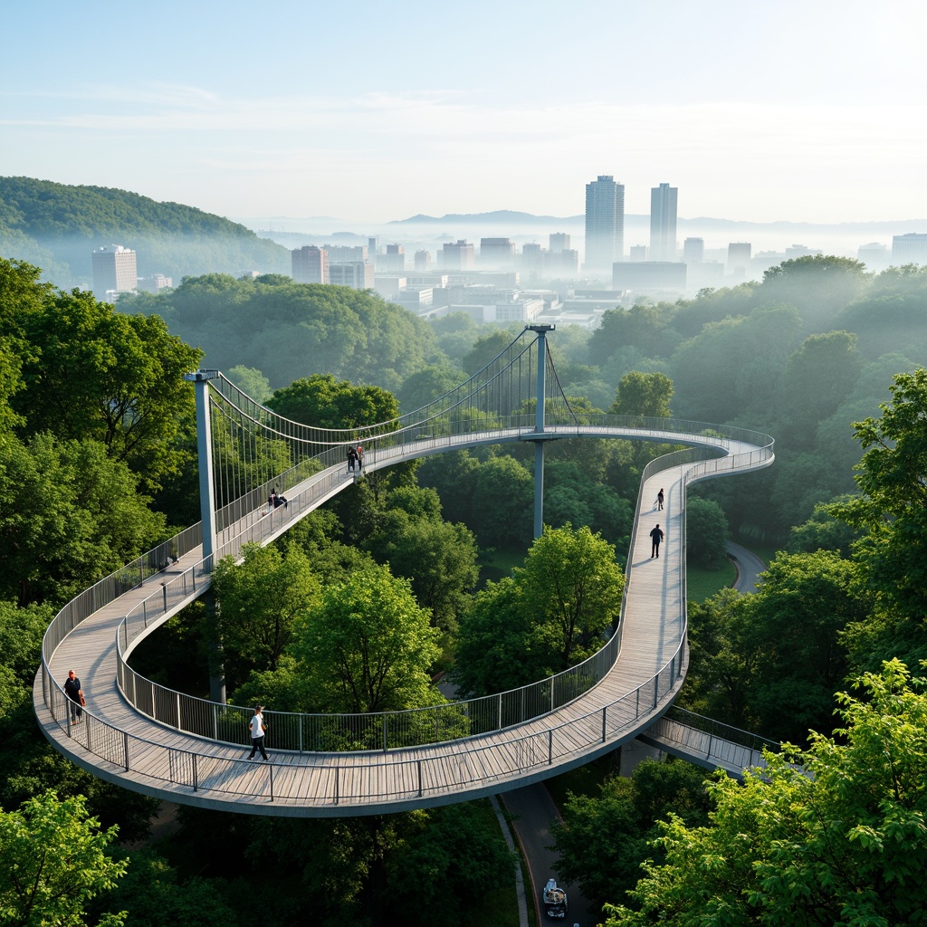 Prompt: Vibrant green landscape, winding pedestrian bridge, modern suspension design, steel cables, wooden decking, gentle slopes, accessible ramps, scenic overlooks, urban skyscrapers, misty morning atmosphere, soft natural lighting, shallow depth of field, 1/2 composition, panoramic view, realistic textures, ambient occlusion.