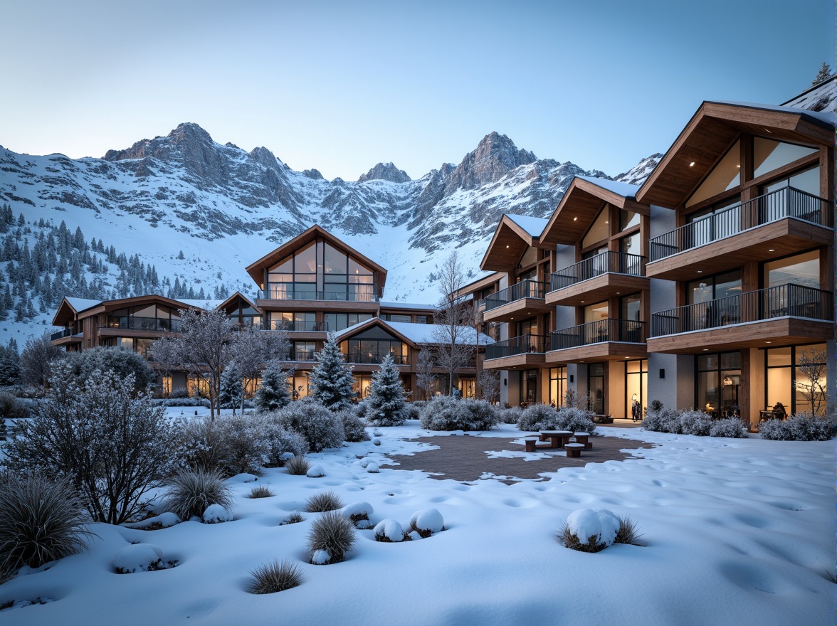 Prompt: Snow-capped mountain peaks, ski resort architecture, modern wooden facades, large glass windows, metal cladding, cantilevered rooflines, angular balconies, wooden decks, frosty mornings, snowflake patterns, icy blue tones, rustic stone walls, earthy color palette, ambient misting systems, warm cozy lighting, shallow depth of field, 2/3 composition, dramatic low-angle shots, realistic weathering effects.