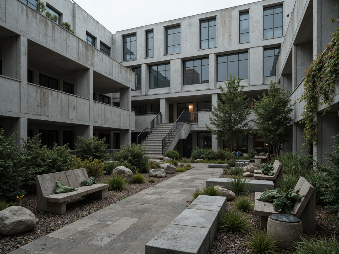 Prompt: Rugged brutalist building, industrial concrete facade, robust steel beams, raw exposed ductwork, harsh urban landscape, scattered boulders, weathered stone walls, succulent gardens, moss-covered roofs, abstract sculptural planters, distressed wood benches, poured-in-place concrete walkways, industrial-style lighting fixtures, moody atmospheric fog, dramatic low-angle photography, 1/2 composition, gritty textures, ambient occlusion.