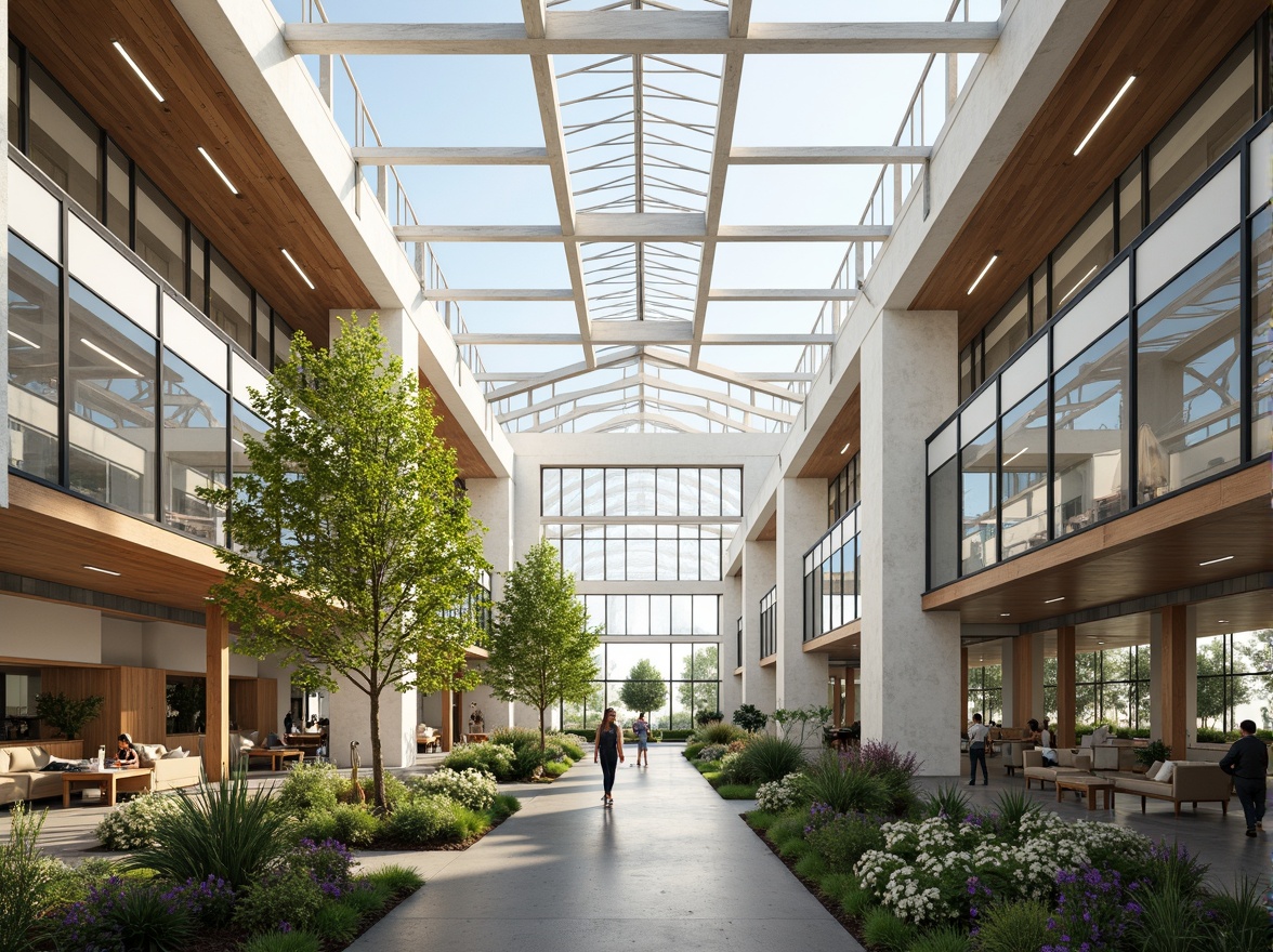 Prompt: Spacious atrium, abundant skylights, floor-to-ceiling windows, transparent glass facades, minimal obstructions, reflective surfaces, light-colored interiors, airy open spaces, clerestory windows, sawtooth roofs, green roofs, lush vegetation, urban gardens, morning sunlight, soft warm glow, high ceilings, minimalist decor, natural materials, wooden accents, 1/1 composition, realistic textures, ambient occlusion.