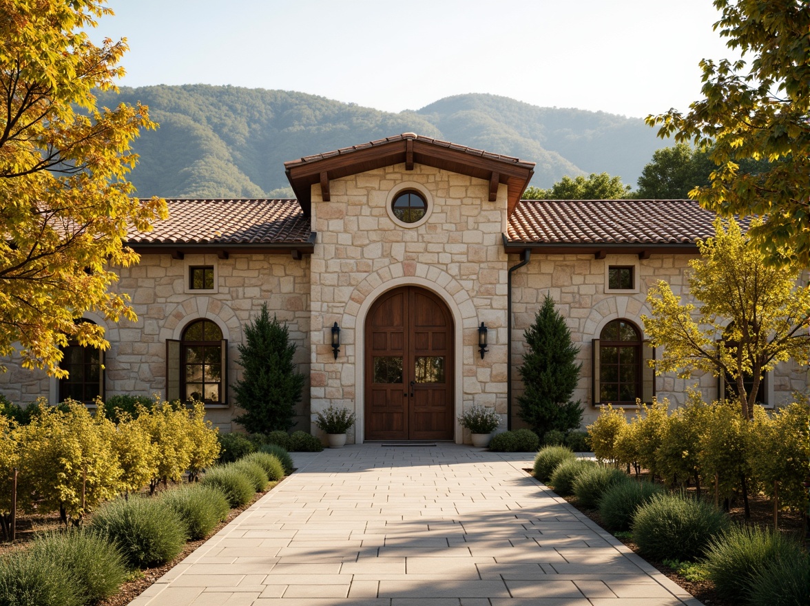 Prompt: Renaissance-style winery facade, rustic stone walls, ornate wooden doors, terra cotta roof tiles, curved archways, grand entrance, symmetrical composition, lush vineyards, rolling hills, warm sunny day, soft golden lighting, 1/2 composition, wide-angle lens, realistic textures, ambient occlusion.