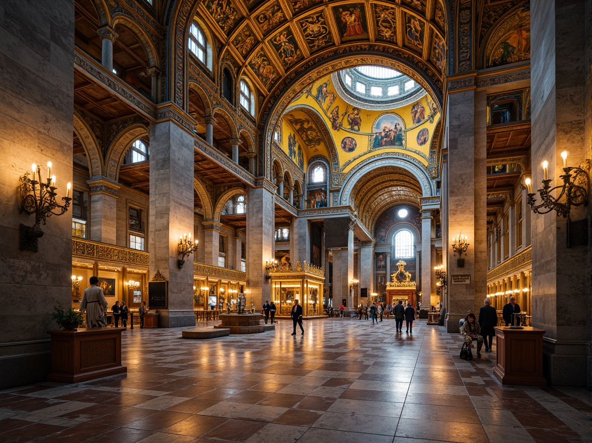 Prompt: Majestic Byzantine church, ornate arches, golden mosaics, intricate stone carvings, grand dome structures, vibrant frescoes, ornamental columns, lavish chandeliers, richly patterned marble floors, sacred altars, elegant vaulted ceilings, soft warm lighting, shallow depth of field, 3/4 composition, panoramic view, realistic textures, ambient occlusion.