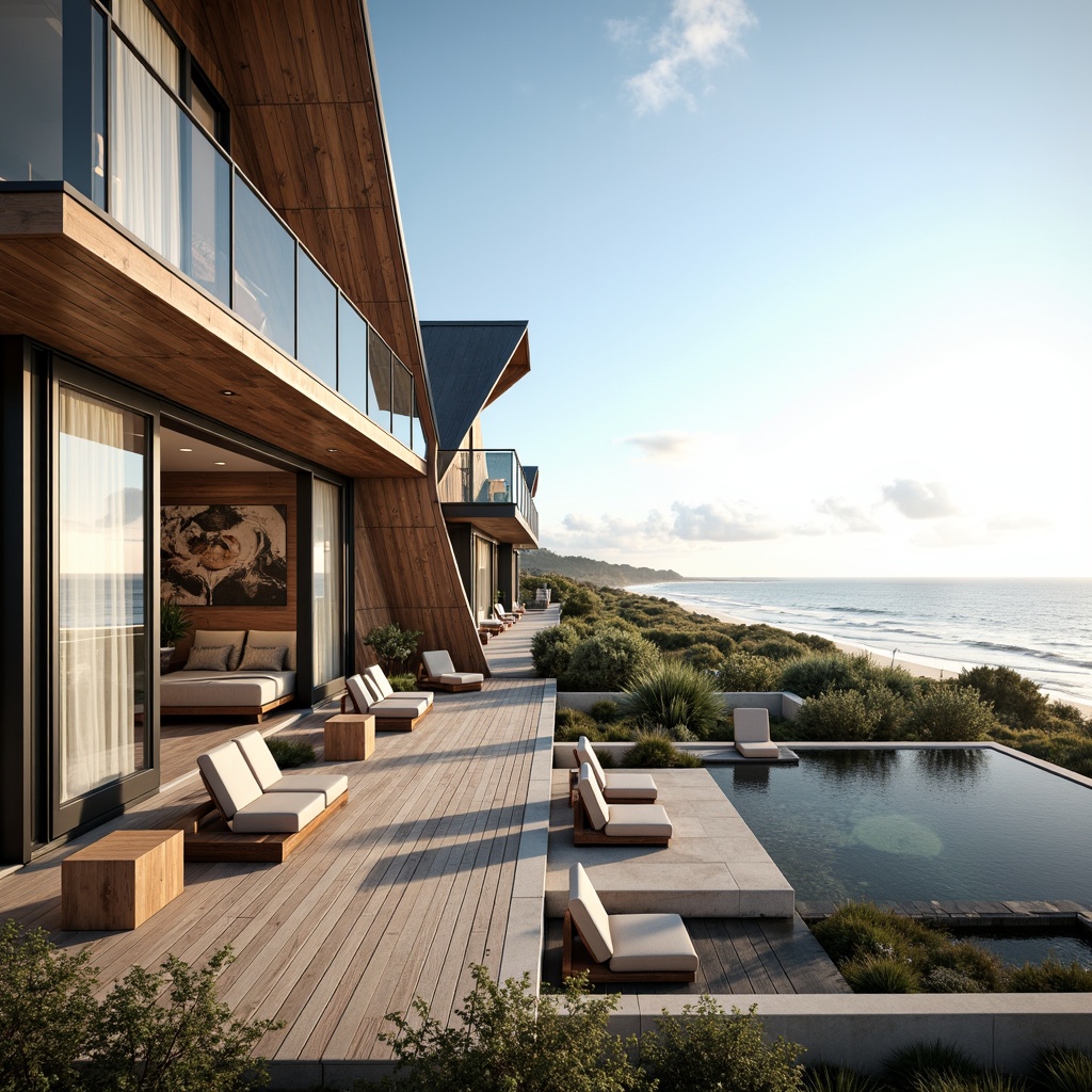 Prompt: Oceanfront coastal homes, modern angular facades, large glass windows, sliding doors, outdoor living spaces, wooden decks, beachy vibes, natural textures, weathered wood accents, coral-inspired colors, sea-salt breezes, sunny day, soft warm lighting, shallow depth of field, 3/4 composition, panoramic view, realistic ocean waves, ambient occlusion, wave-patterned railings, nautical-themed decorations, driftwood-inspired furniture.